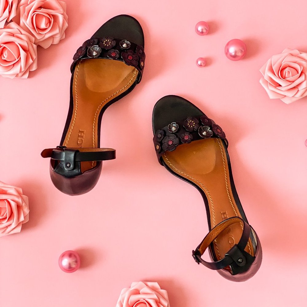 Coach Tea Rose Mid Heel Black Sandals Size 9